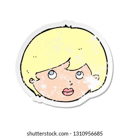 retro distressed sticker of a cartoon female face looking upwards