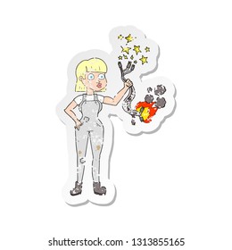 retro distressed sticker of a cartoon female electrician