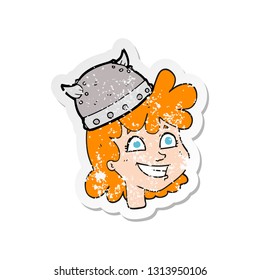 retro distressed sticker of a cartoon female viking face