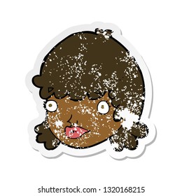 retro distressed sticker of a cartoon female face with surprised expression