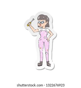 retro distressed sticker of a cartoon female mechanic