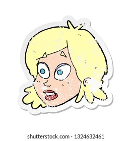 retro distressed sticker of a cartoon female face with surprised expression