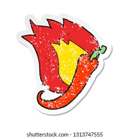 retro distressed sticker of a cartoon flaming hot chilli pepper