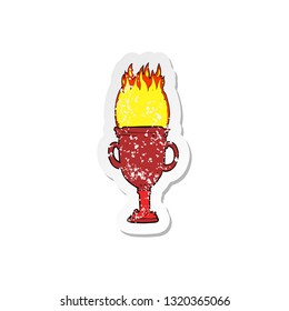 retro distressed sticker of a cartoon flaming trophy