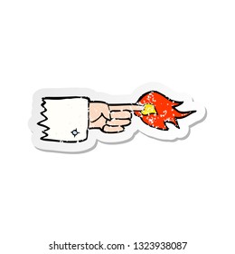 retro distressed sticker of a cartoon flaming pointing finger symbol