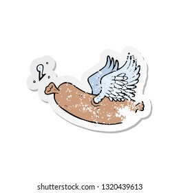 retro distressed sticker of a cartoon flying sausage