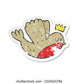 retro distressed sticker of a cartoon flying christmas robin with crown