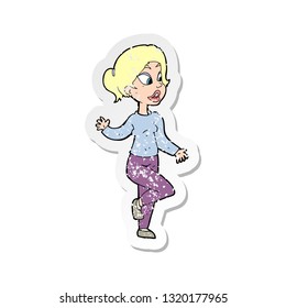 retro distressed sticker of a cartoon friendly woman waving