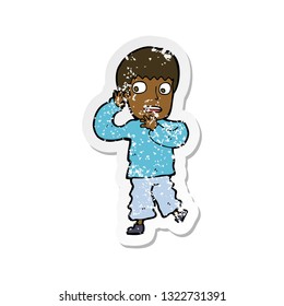 retro distressed sticker of a cartoon frightened boy