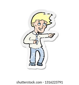 retro distressed sticker of a cartoon funny office man pointing