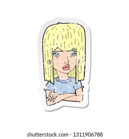 retro distressed sticker of a cartoon girl with folded arms