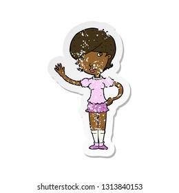 retro distressed sticker of a cartoon girl waving