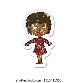 retro distressed sticker of a cartoon girl shrugging shoulders