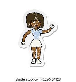 retro distressed sticker of a cartoon girl waving