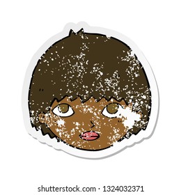 retro distressed sticker of a cartoon girl staring
