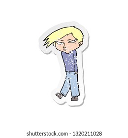 adesivo retro angustiado de um menino ranzinza do desenho animado