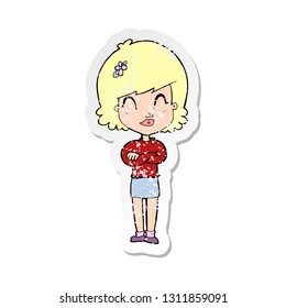 retro distressed sticker of a cartoon happy woman with folded arms
