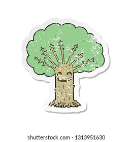 retro distressed sticker of a cartoon happy tree