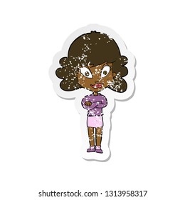 retro distressed sticker of a cartoon happy woman with folded arms