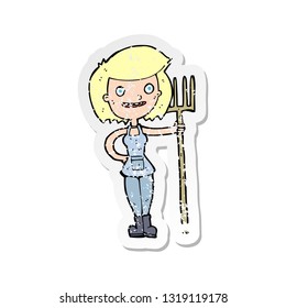 retro distressed sticker of a cartoon happy farmer girl