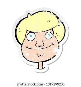 retro distressed sticker of a cartoon happy boys face