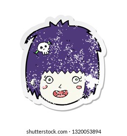 retro distressed sticker of a cartoon happy vampire girl face