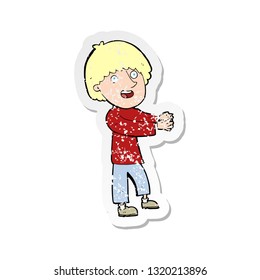 retro distressed sticker of a cartoon happy man showing