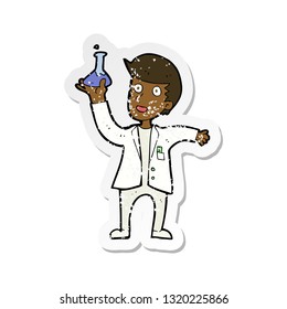 retro distressed sticker of a cartoon happy scientist