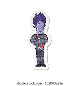 retro distressed sticker of a cartoon happy vampire man