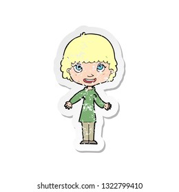 retro distressed sticker of a cartoon happy woman