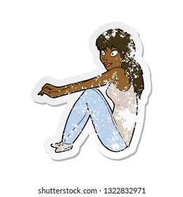 retro distressed sticker of a cartoon happy woman sitting