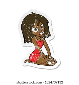 retro distressed sticker of a cartoon happy woman in dress