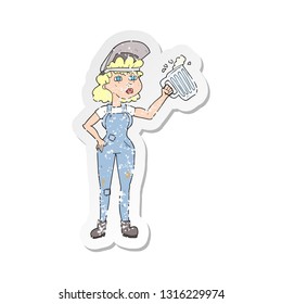 retro distressed sticker of a cartoon hard working woman with beer 