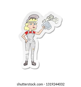 retro distressed sticker of a cartoon hard working woman with beer 