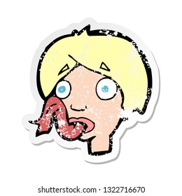 retro distressed sticker of a cartoon head sticking out tongue