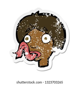 retro distressed sticker of a cartoon head sticking out tongue