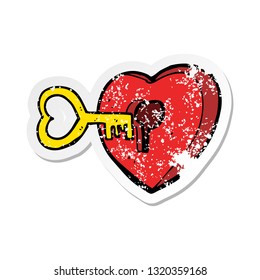 retro distressed sticker cartoon heart and key
