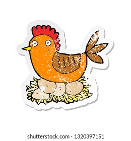 retro distressed sticker of a cartoon hen on eggs