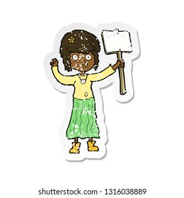 retro distressed sticker of a cartoon hippie girl with protest sign