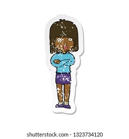 retro distressed sticker of a cartoon impatient woman