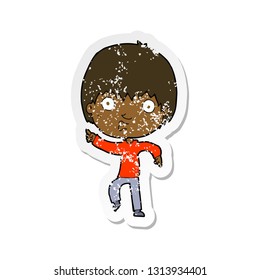 retro distressed sticker of a cartoon impressed boy pointing