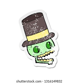 retro distressed sticker of a cartoon laughing skull in top hat