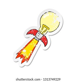 retro distressed sticker of a cartoon lightbulb rocket ship