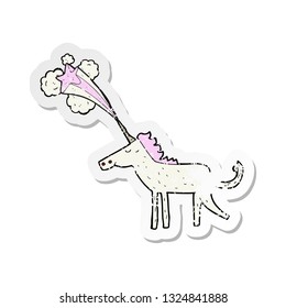 retro distressed sticker of a cartoon magical unicorn