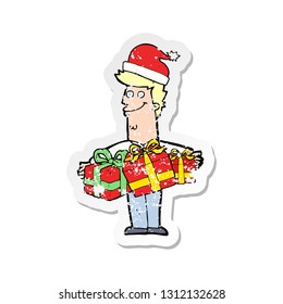 retro distressed sticker of a cartoon man with gifts