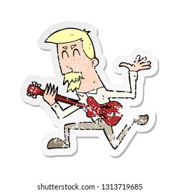retro distressed sticker of a cartoon man playing electric guitar