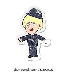 retro distressed sticker of a cartoon man in bowler hat