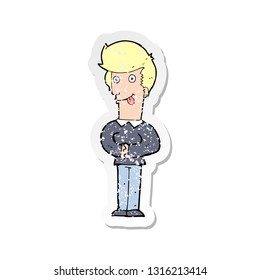 retro distressed sticker of a cartoon man sticking out tongue