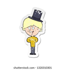 retro distressed sticker of a cartoon man wearing top hat