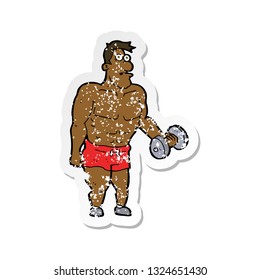 retro distressed sticker of a cartoon man lifting weights